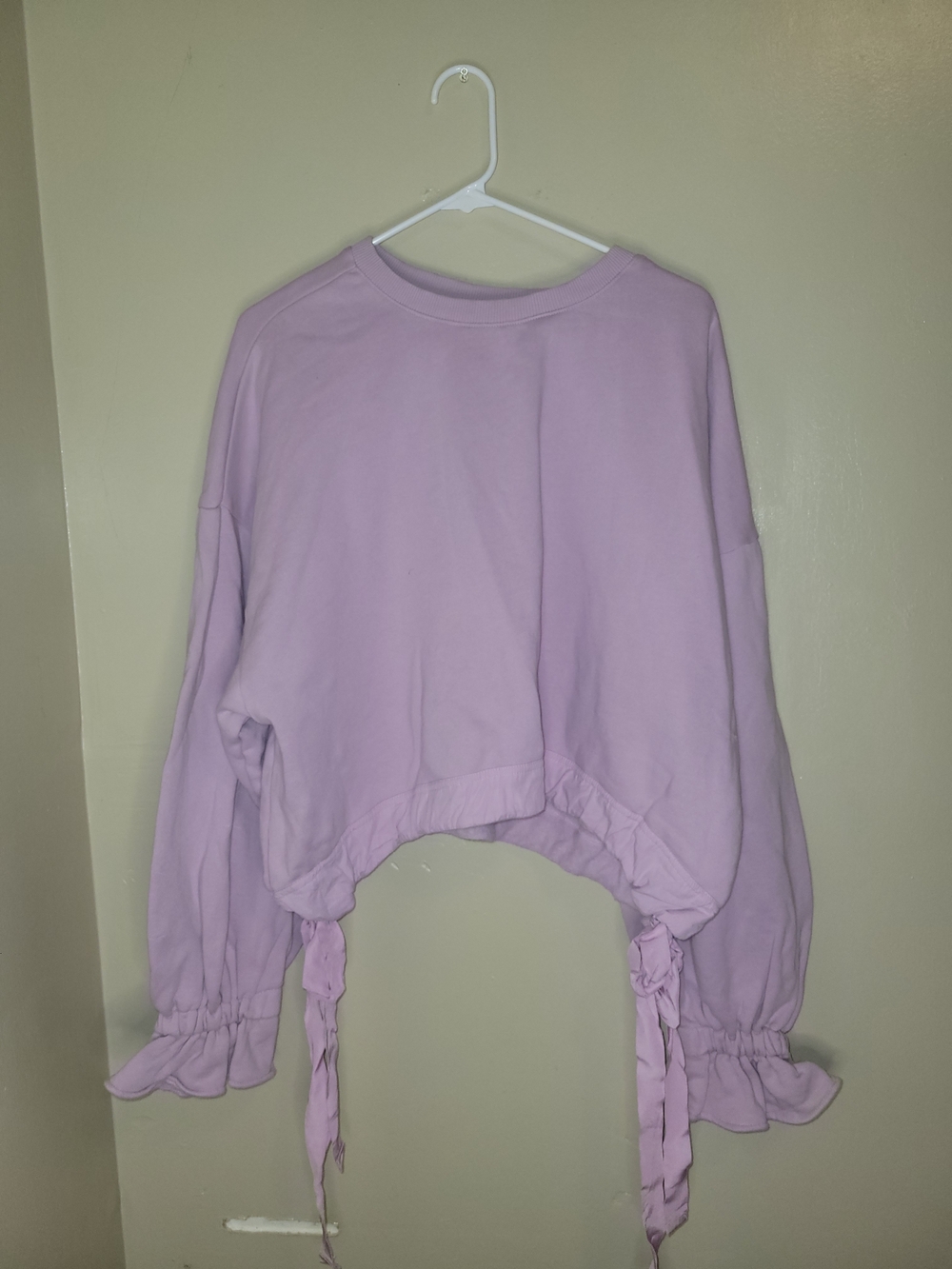 Maeve Anthropologie Pink Cropped Tie Hem Sweatshirt Womens Size L Balloon Sleeve